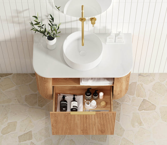 Bondi Fluted 900mm Woodland Oak Curve Cabinet Only