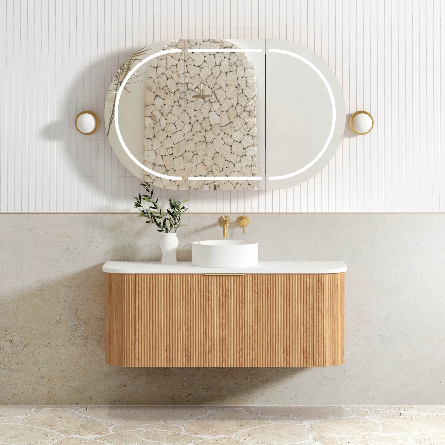 Bondi Fluted 1200mm Woodland Oak Curve Cabinet Only