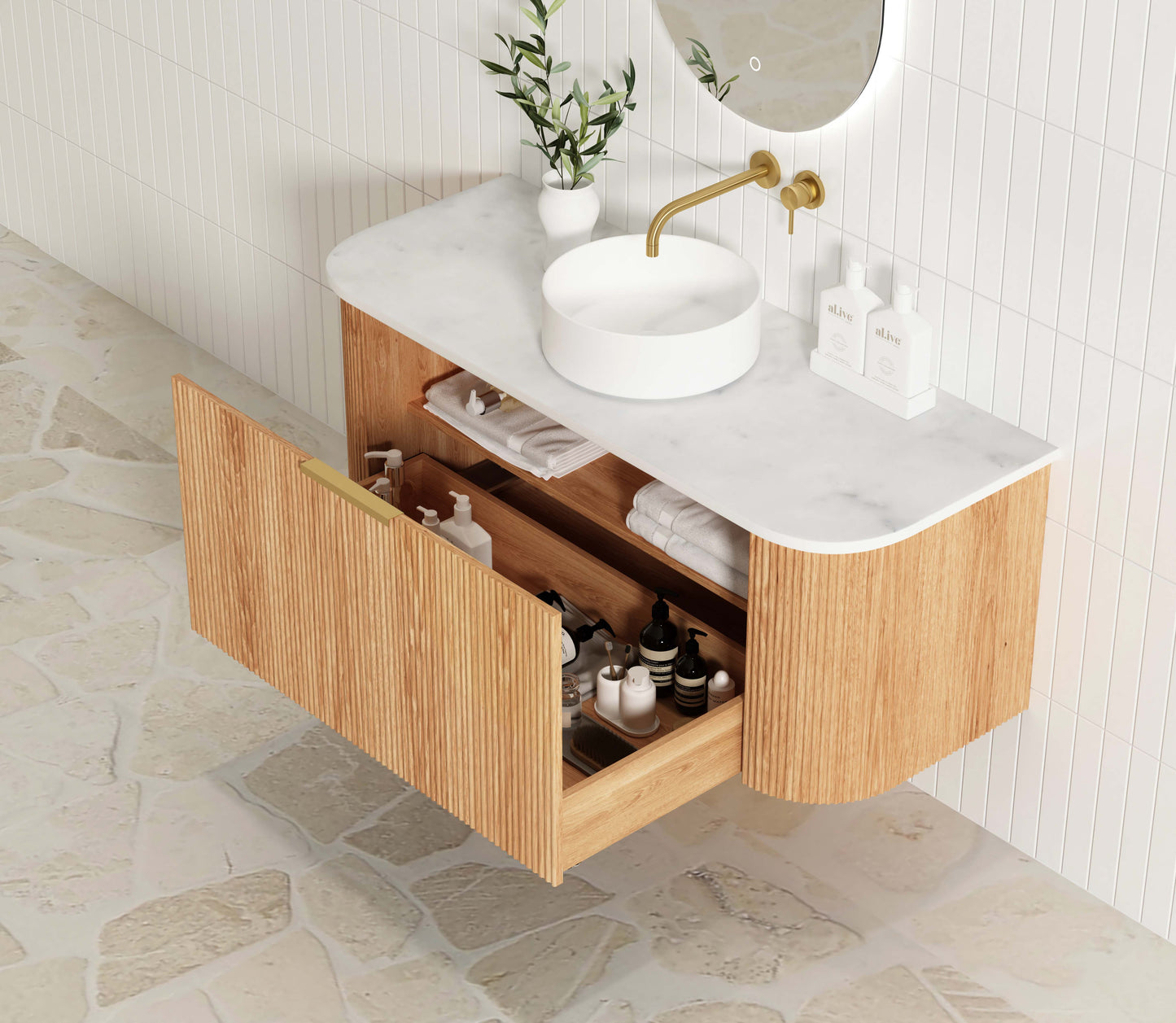 Bondi Fluted 1200mm Woodland Oak Curve Cabinet Only