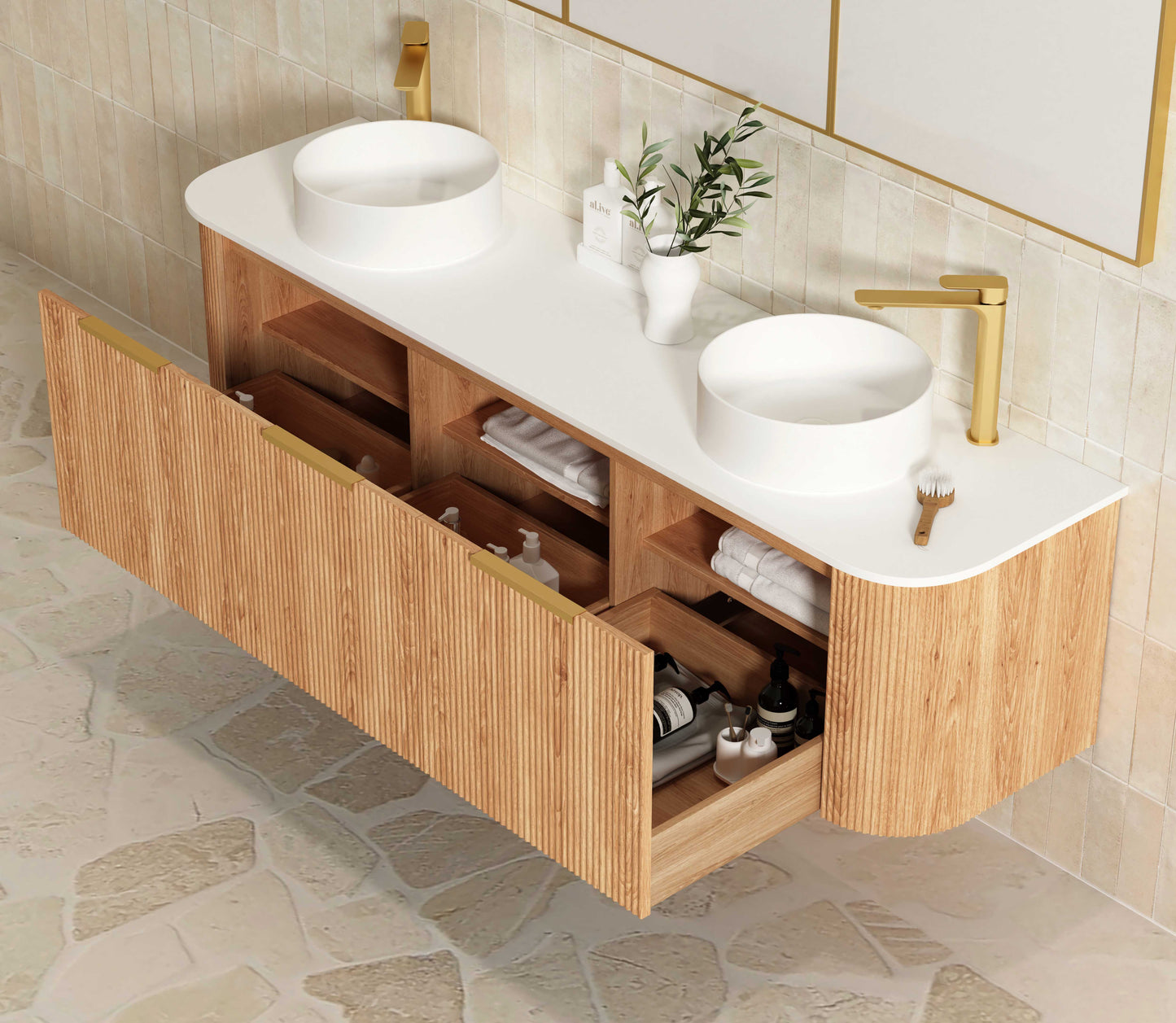 Bondi Fluted 1800mm Woodland Oak Curve Cabinet Only