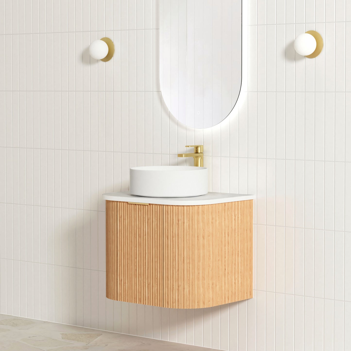 Bondi Fluted 600mm Woodland Oak Curve Cabinet Only