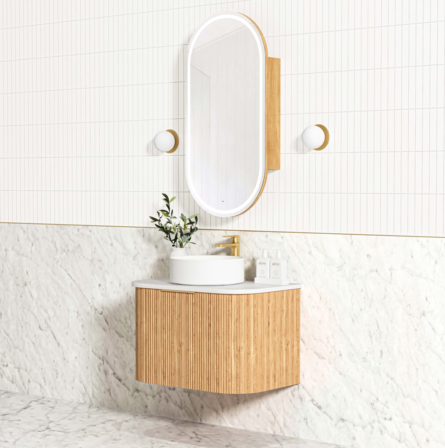 Bondi Fluted 750mm Woodland Oak Curve Cabinet Only