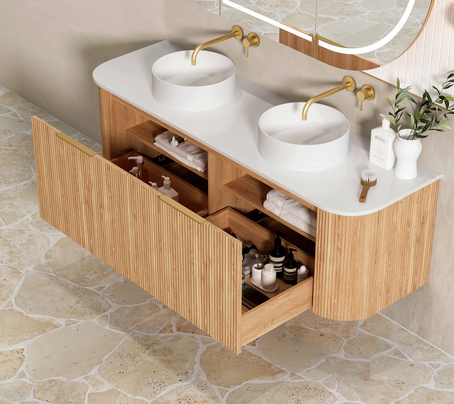 Bondi Fluted 1500mm Woodland Oak Curve Cabinet Only