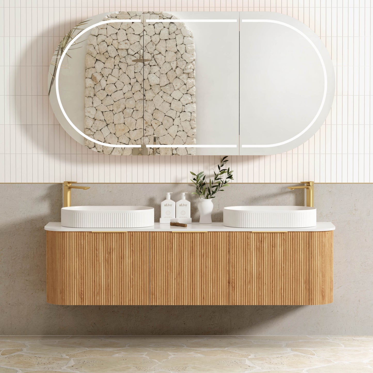 Bondi Fluted 1800mm Woodland Oak Curve Cabinet Only