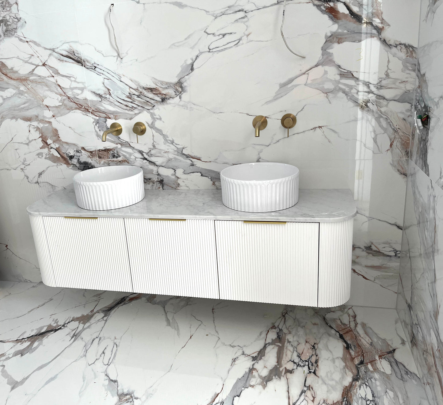 Bondi 1800mm Satin White Fluted Wall Hung Curve Cabinet Only