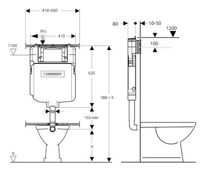 KIT - Fino WhisperFlush Gloss White Floor Pan with thick seat, Inwall Cistern & Brushed Stainless Steel Button