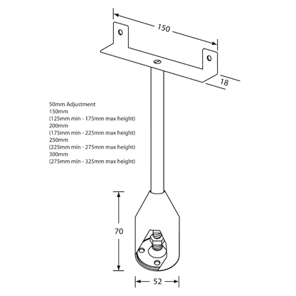 111 Series Double Fix Foot Assembly – 250mm with 35mm Adjustment SS