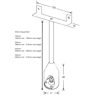111 Series Double Fix Foot Assembly – 150mm with 35mm Adjustment SS