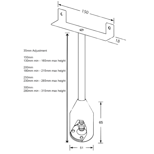 111 Series Double Fix Foot Assembly – 150mm with 35mm Adjustment SS