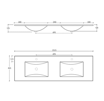 Slim Line Ceramic Top Double Bowl 1500x460x170 with Taphole & Overflow