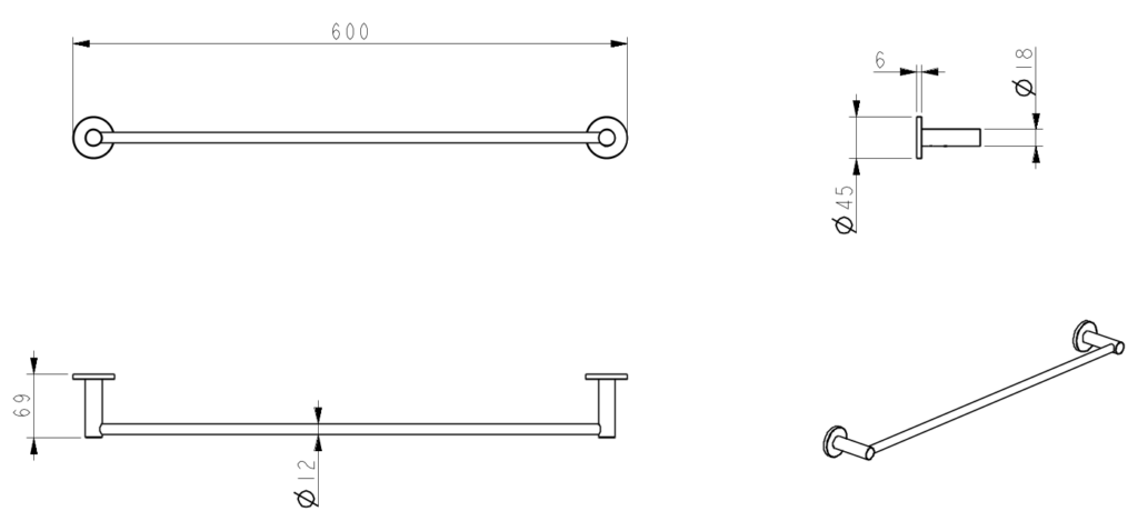 Mica Single Towel Rail - 600mm - Brushed Nickel