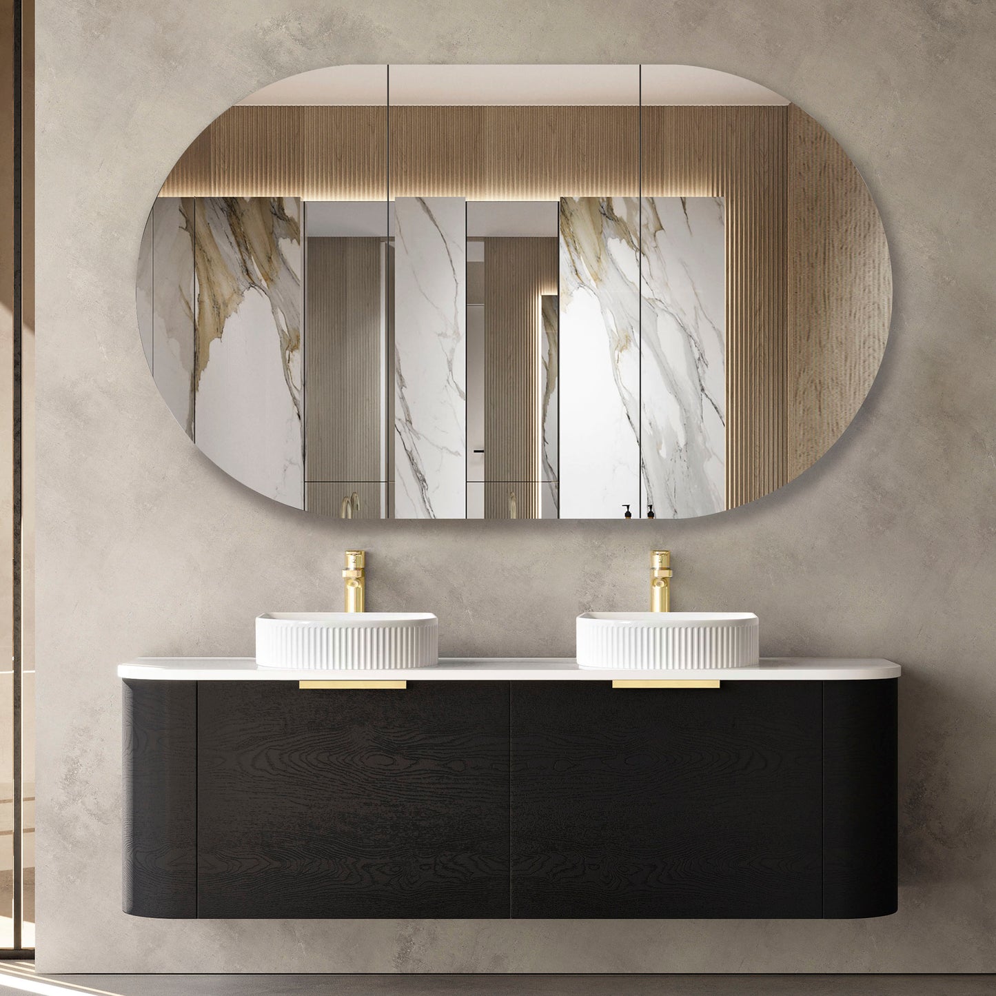 Bondi 1500mm Black Oak Wall Hung Curve Cabinet Only
