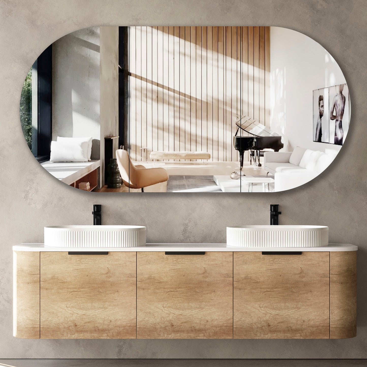 Bondi 1800mm Natural Oak Wall Hung Curve Cabinet Only