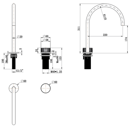 Mica Tall Hob Spout & Mixer - Black - (BOM)