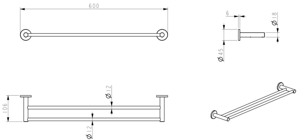Mica Double Towel Rail - 600mm - Black