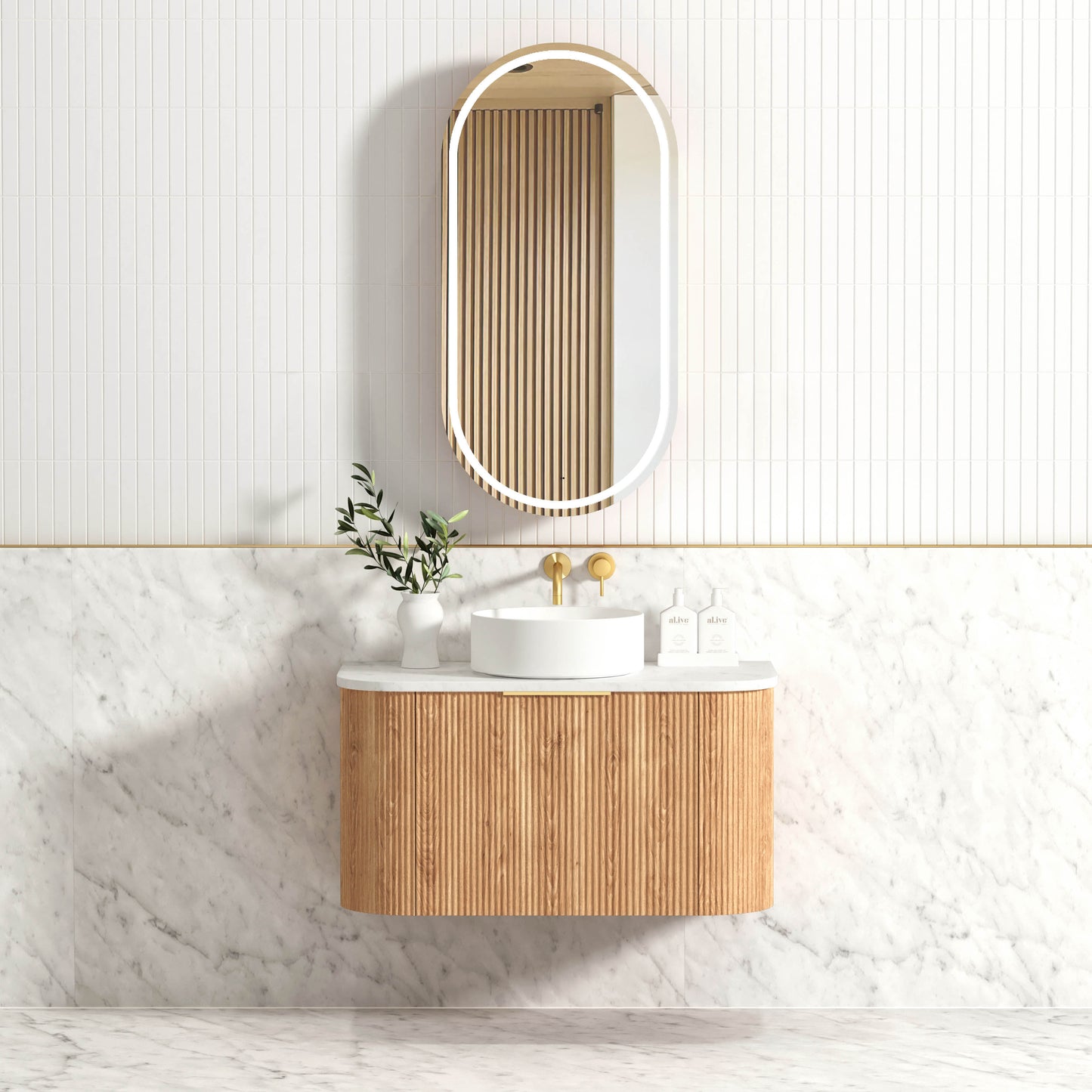 Bondi Fluted 900mm Woodland Oak Curve Cabinet Only