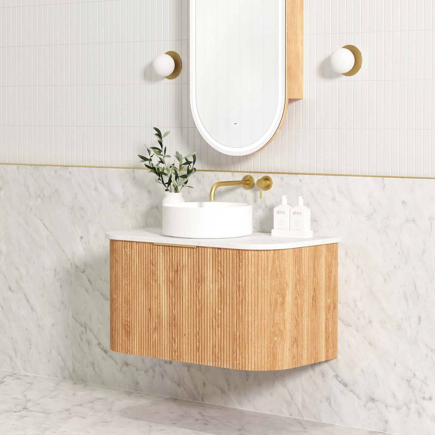 Bondi Fluted 900mm Woodland Oak Curve Cabinet Only