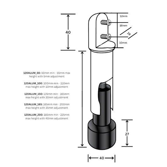 120 Series Aluminium Heavy Duty Leg – 165mm with 40mm Adjustment