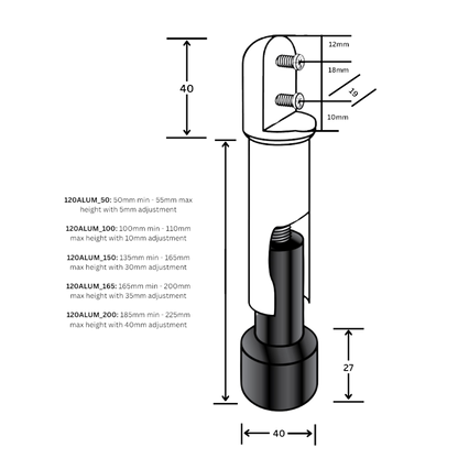120 Series Aluminium Heavy Duty Leg – 200mm with 40mm Adjustment
