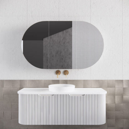 1200mm Matt white Matt white Oval shape 3 Doors shaving cabinet with 6 adjustable glass shelves, whloe body is made by plywood - 1200 x 700 x 140