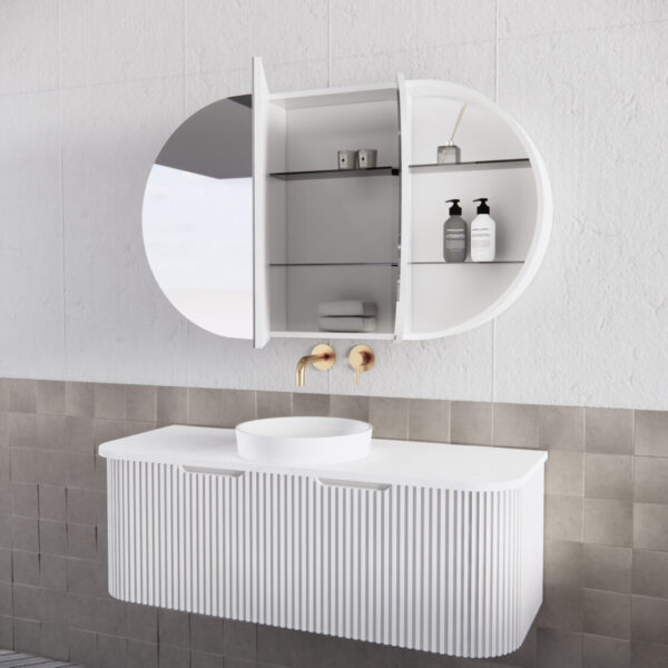 1200mm Matt white Matt white Oval shape 3 Doors shaving cabinet with 6 adjustable glass shelves, whloe body is made by plywood - 1200 x 700 x 140
