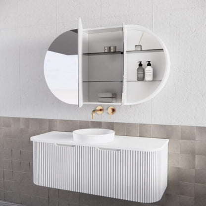 1200mm Matt white Matt white Oval shape 3 Doors shaving cabinet with 6 adjustable glass shelves, whloe body is made by plywood - 1200 x 700 x 140