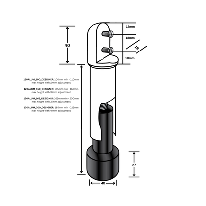120 Designer Series Aluminium Heavy Duty Leg – 100mm with 10mm Adjustment, Finish: Designer Black