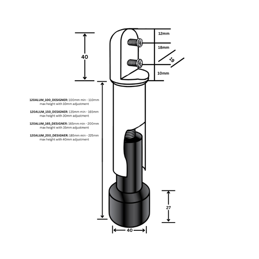 120 Designer Series Aluminium Heavy Duty Leg – 100mm with 10mm Adjustment, Finish: Designer Black