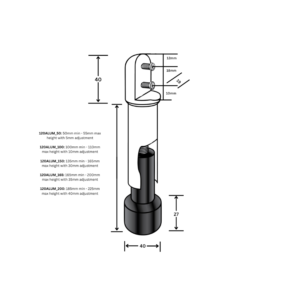 120 Series Mini Aluminium Heavy Duty Leg – 50mm with 5mm adjustment