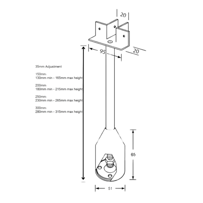 122 Series “T” Piece Foot Assembly – 200mm with 35mm Adjustment