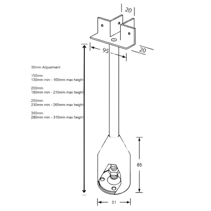 122 Series “T” Piece Foot Assembly – 150mm with 35mm Adjustment