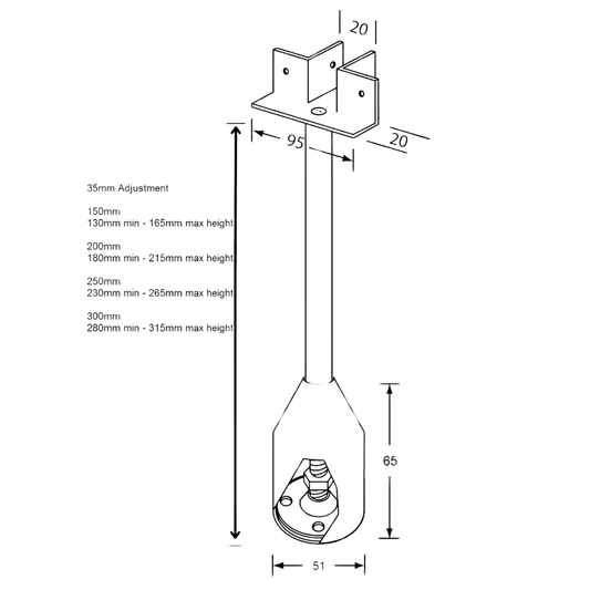 122 Series “T” Piece Foot Assembly – 150mm with 35mm Adjustment