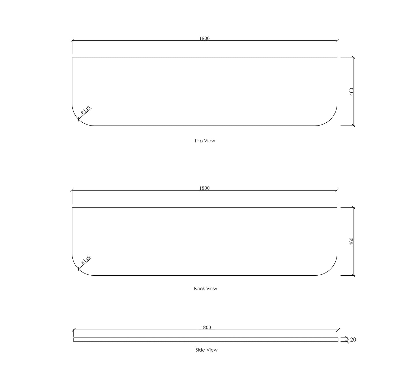 Bondi 1800x460x20 Solid Surface Matte White Top No Hole
