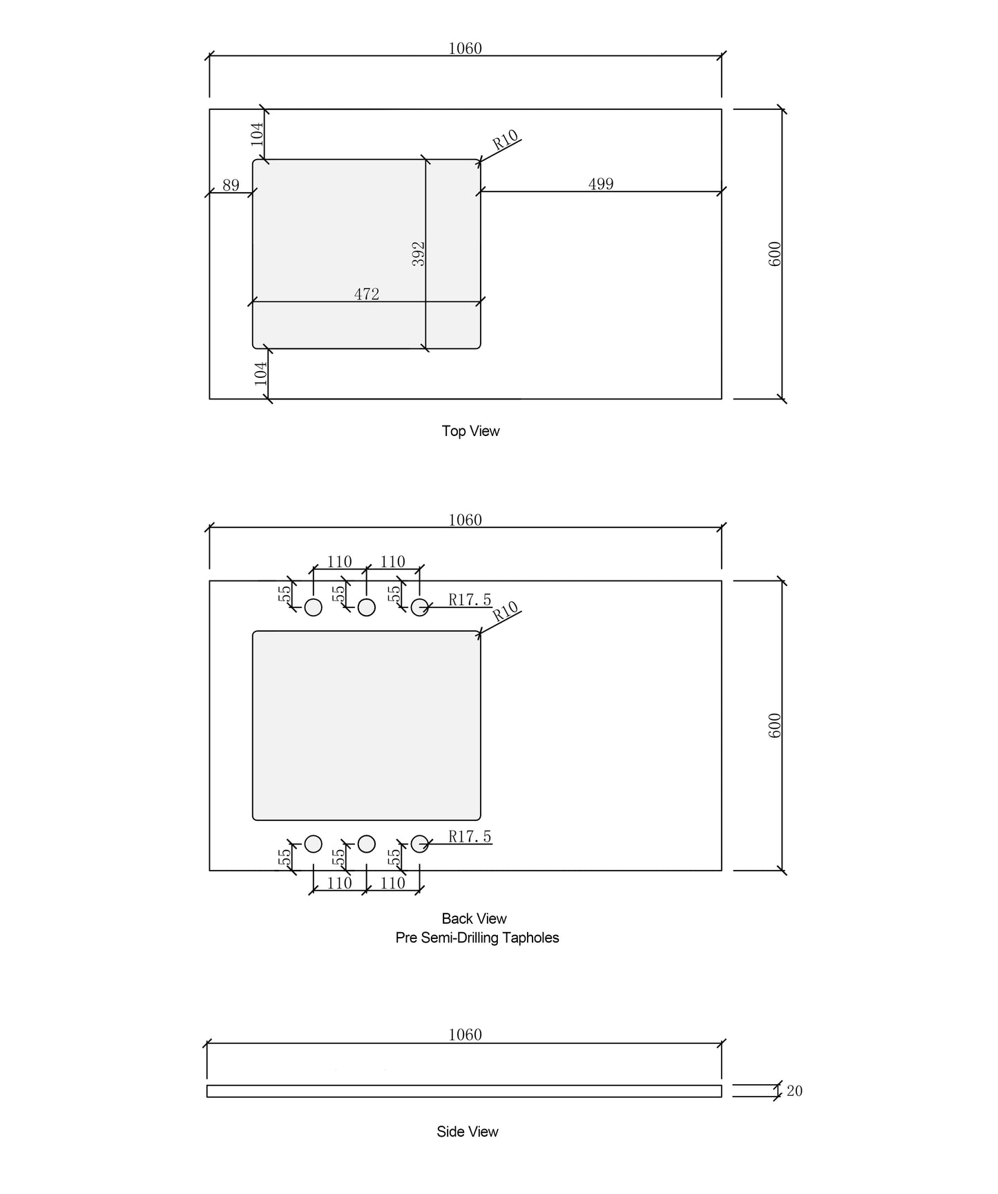 Laundry 1060mm Solid Surface Matte White Top