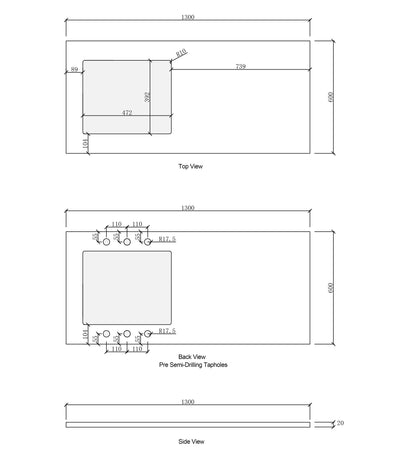 Laundry 1300mm Solid Surface Matte White Top