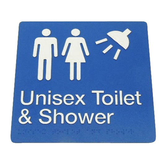 235mm Surface Mounted Unisex Toilet and Shower Braille Sign - 235 x 180 x 3 - Blue