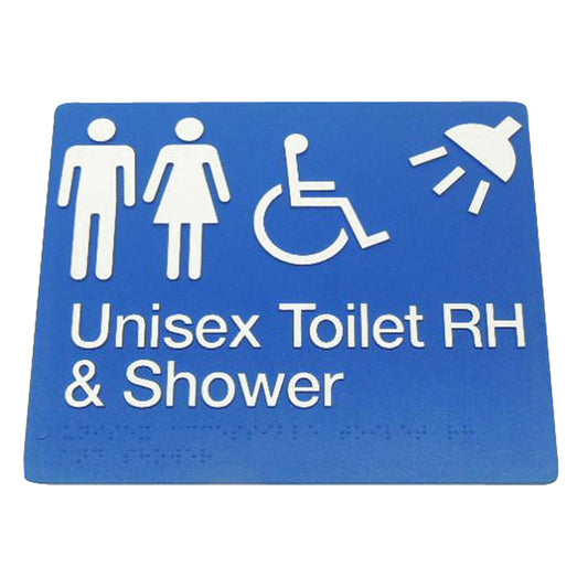 235mm Surface Mounted Unisex Toilet Shower Right Hand Braille Sign - 235 x 180 x 3 - Blue
