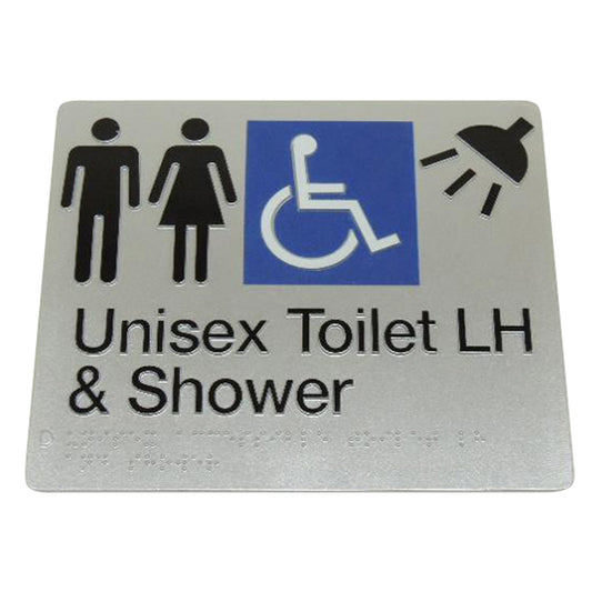 235mm Surface Mounted Unisex Toilet Shower Left Hand Braille Sign - 235 x 180 x 3 - Silver