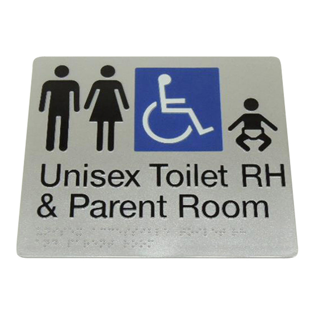 235mm Surface Mounted Unisex Disabled, Toilet and Parent Room Braille Sign - 235 x 180 x 3 - Silver