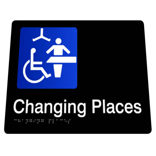 180mm  Surface Mounted Changing Places Braille Sign - 180mm x 180mm x 3mm - Black