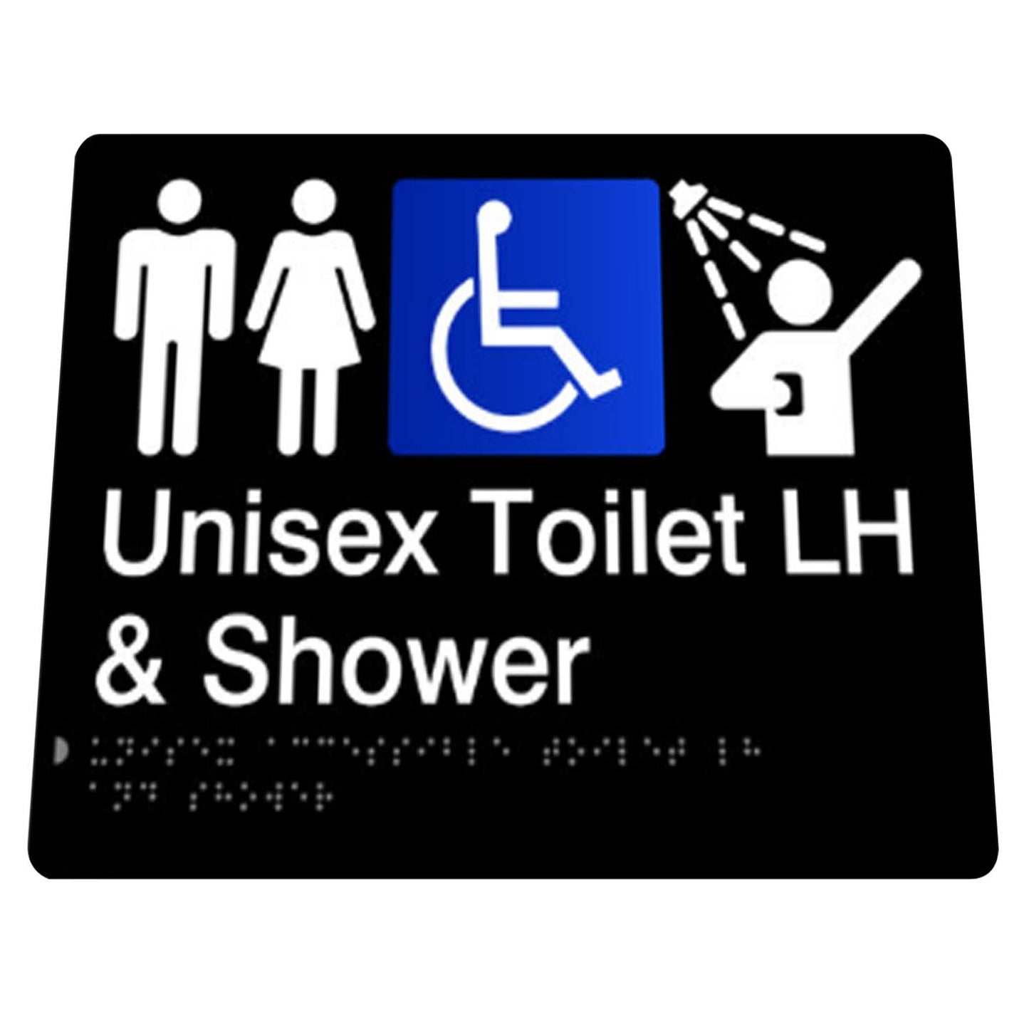 180mm  Surface Mounted Unisex Toilet Shower Left Hand Braille Sign - 180mm x 210mm x 3mm - Black