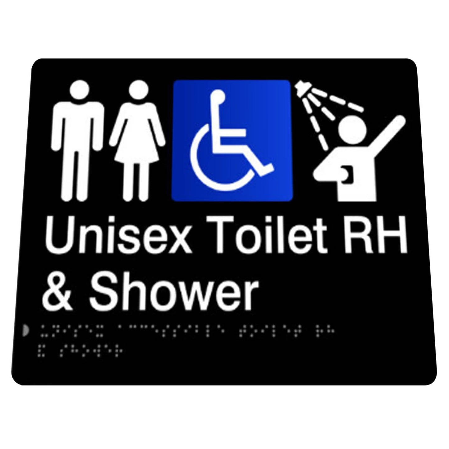 180mm  Surface Mounted Unisex Toilet Shower Right Hand Braille Sign - 180mm x 210mm x 3mm  - Black