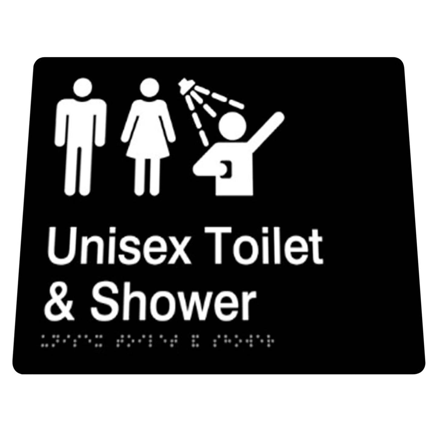 180mm  Surface Mounted Unisex Toilet and Shower Braille Sign - 180mm x 180mm x 3mm - Black