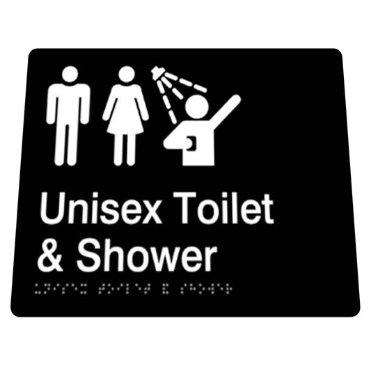 180mm  Surface Mounted Unisex Toilet and Shower Braille Sign - 180mm x 180mm x 3mm - Black