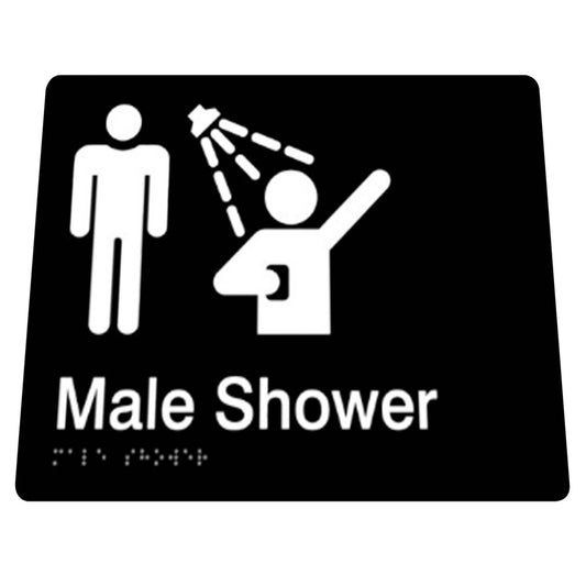 180mm  Surface Mounted Male Shower Braille Sign - 180mm x 180mm x 3mm - Black