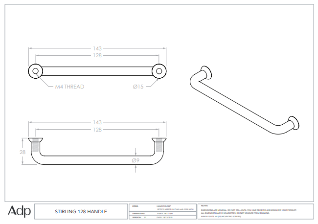 Stirling Handle 128 cc  Matte White