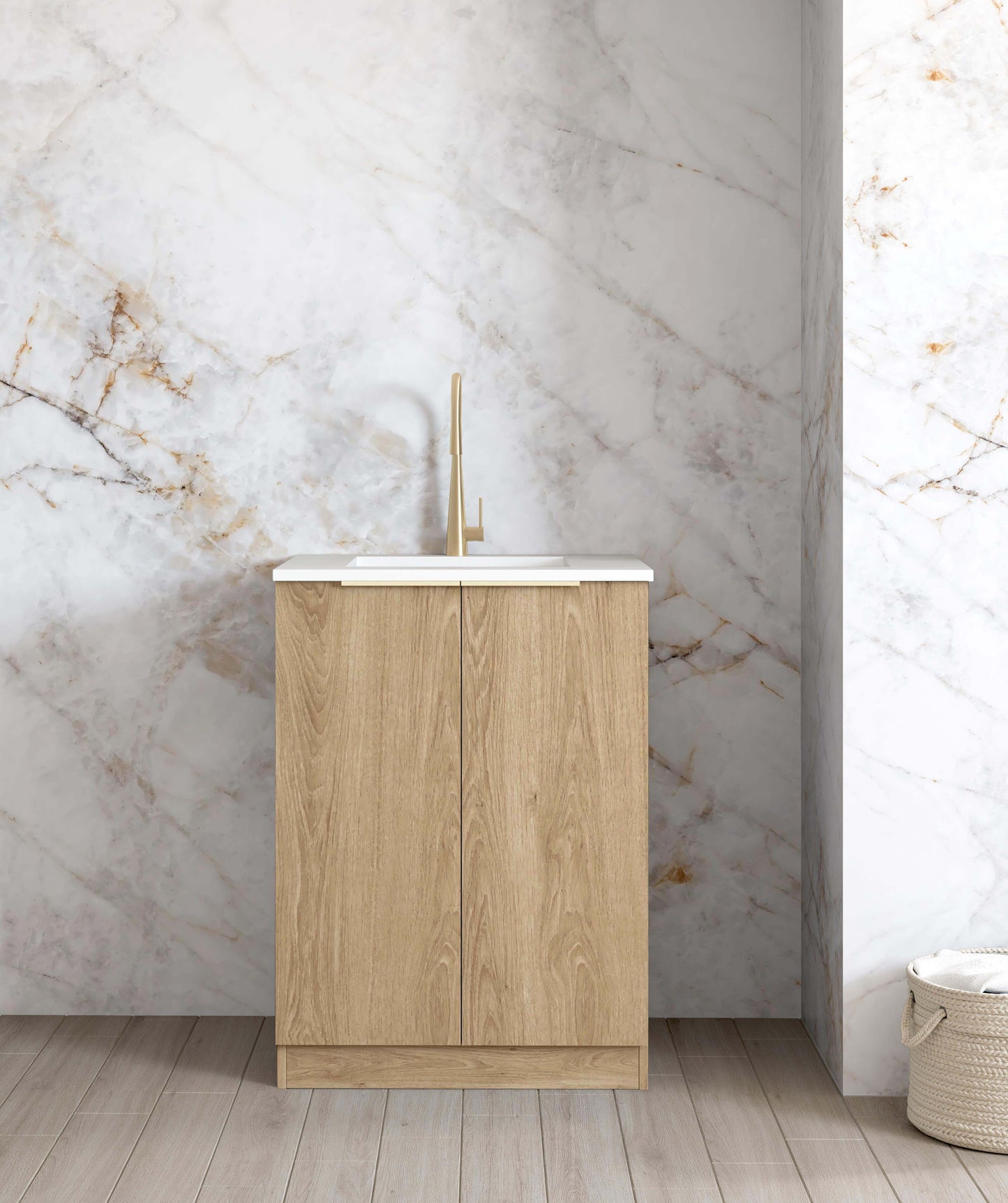 Mini Laundry 650mm Byron/Bondi Natural Oak with Natural Carrara Marble Top