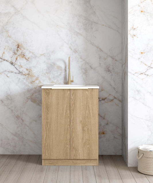 Mini Laundry 650mm Byron/Bondi Natural Oak with Natural Carrara Marble Top