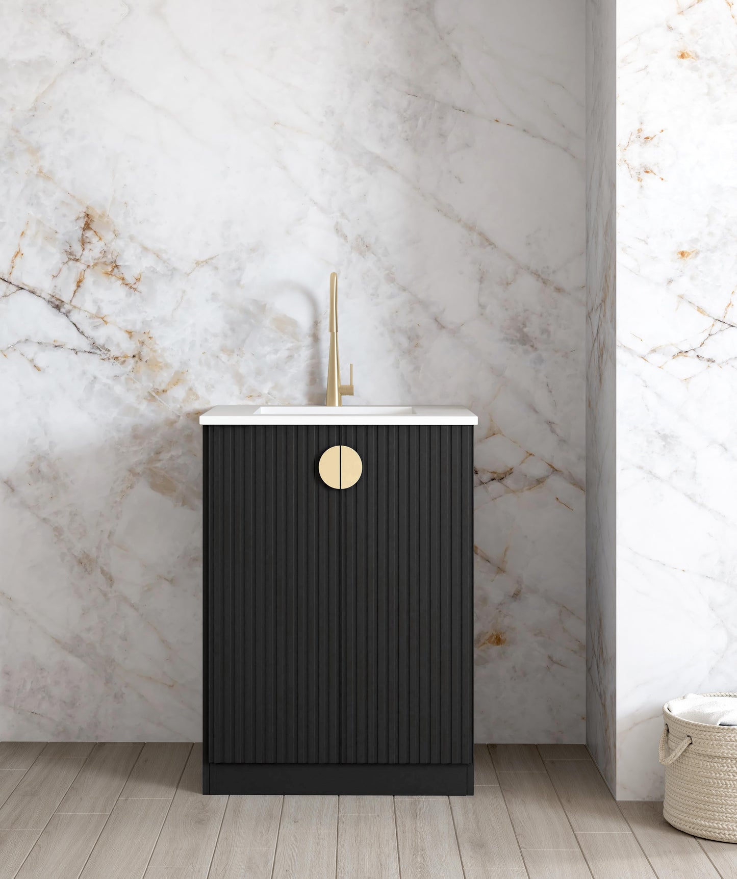 Mini Laundry 650mm Marlo Black with Natural Carrara Marble Top