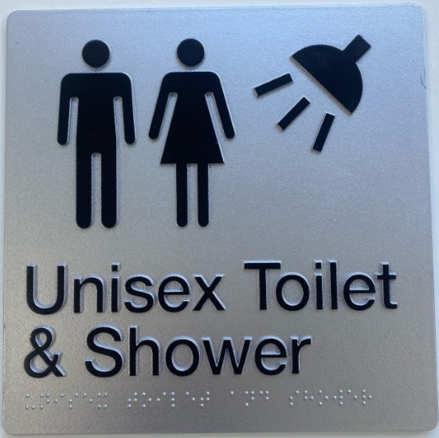 235mm Surface Mounted Unisex Toilet and Shower Braille Sign - 235 x 180 x 3 - Silver